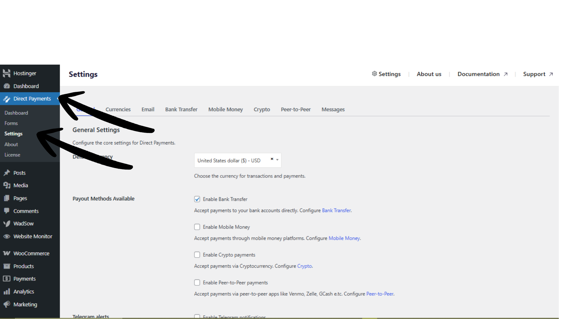 Direct Payments General Settings Menu