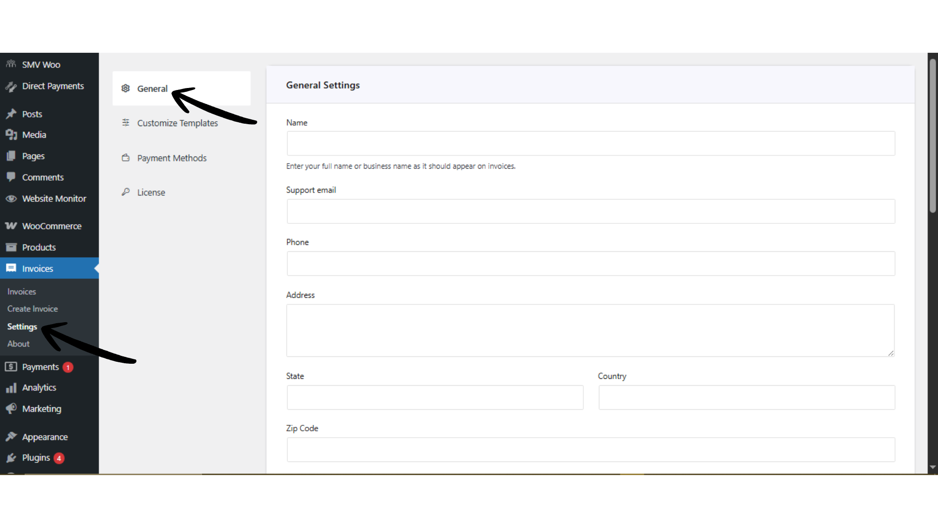 Set invoice details in WordPress using Direct Invoice plugin
