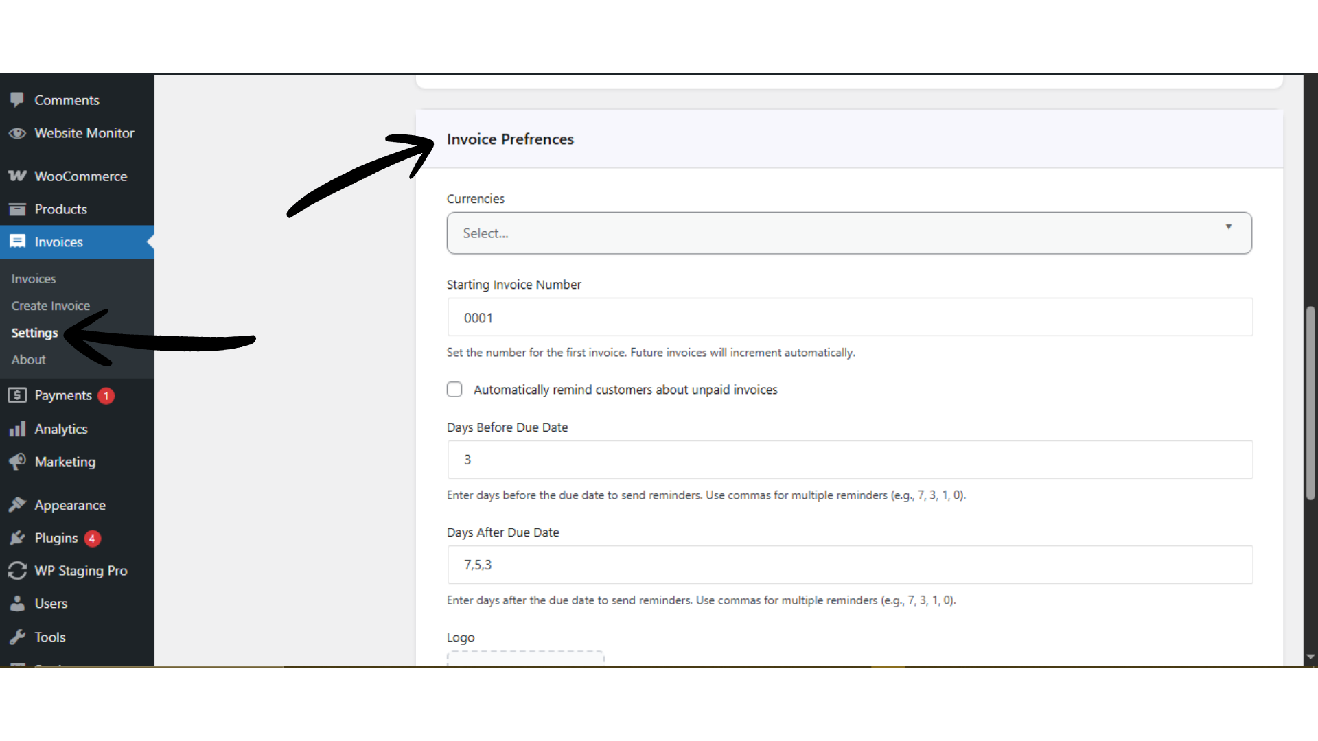 Set invoice Preferences in WordPress using Direct Invoice plugin
