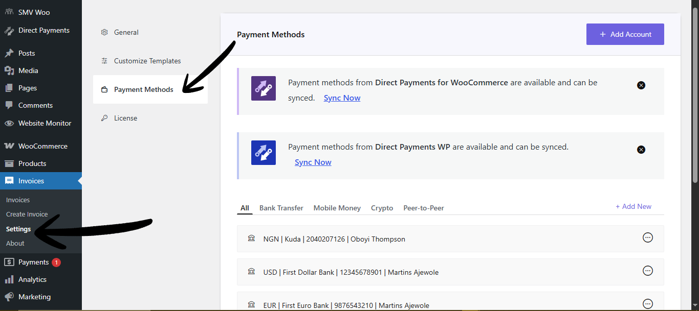 Configure invoice Payment Methods in WordPress using Direct Invoice plugin