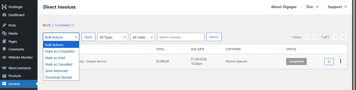 Direct Invoices Dashboard Bulk Actions