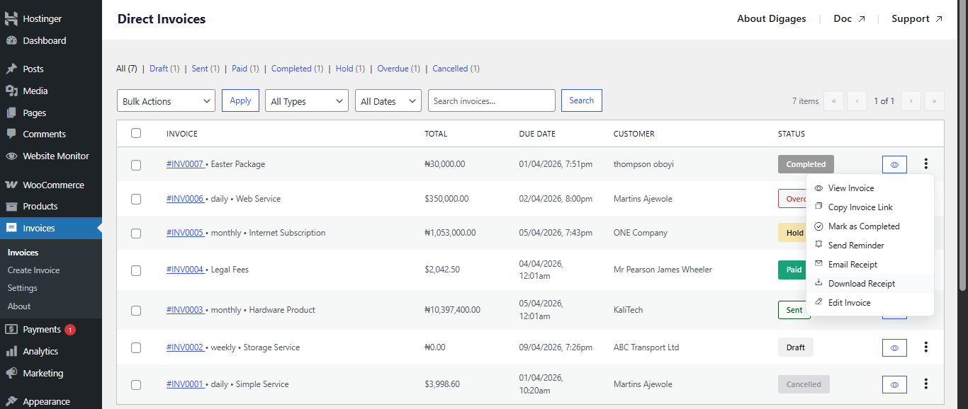 Direct Invoices Download Receipt