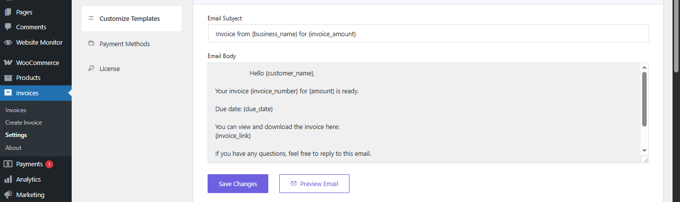 Direct Invoice Customize Template Email
