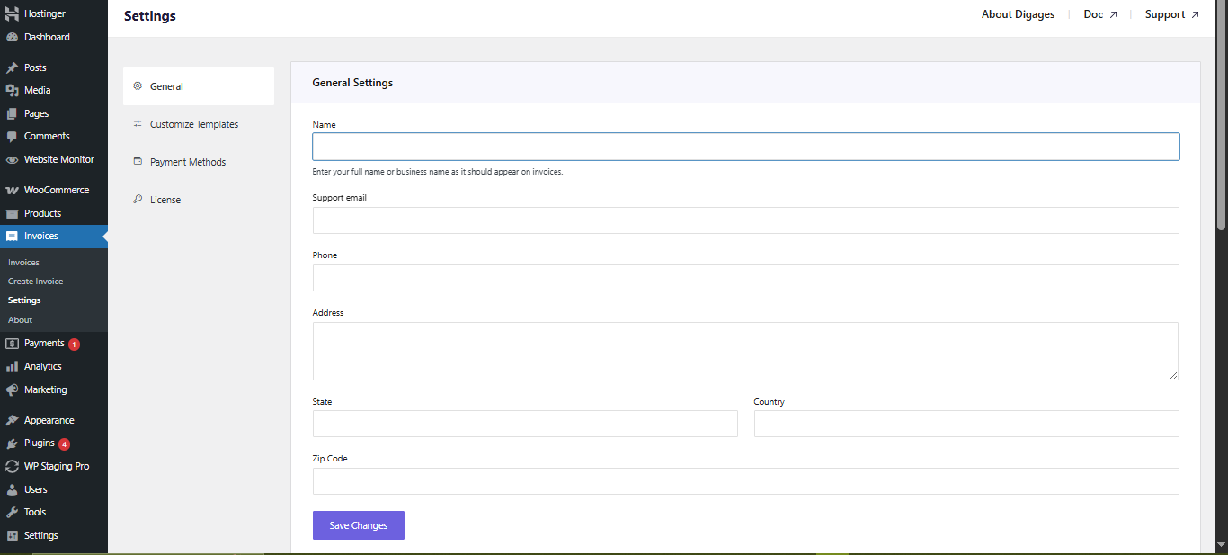 Direct Invoice General General Settings