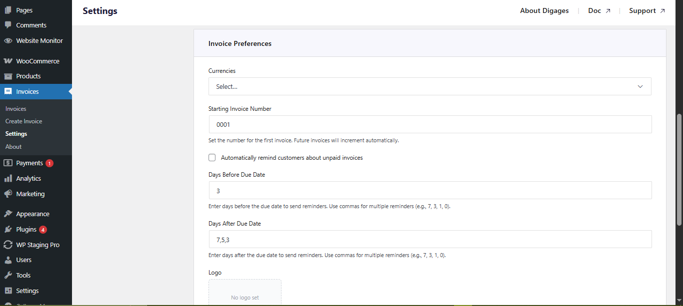 Direct Invoice General Invoice Preferences