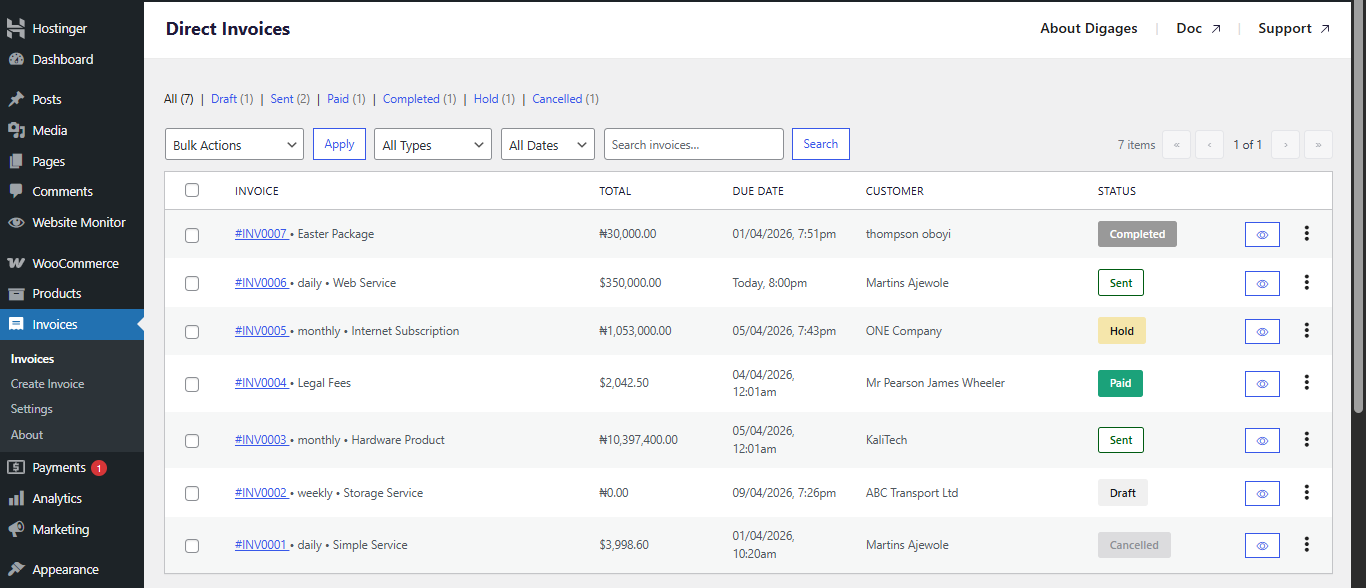 Direct Invoices Dashboard Main
