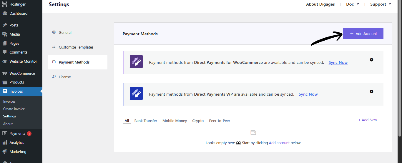 Direct Invoices Payment Methods Add Account